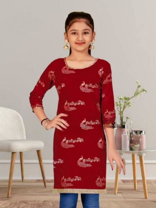 Kid's Kurti with Tamil Foil Print in 5 colors Kid's Kurti Shopin Di Apparels
