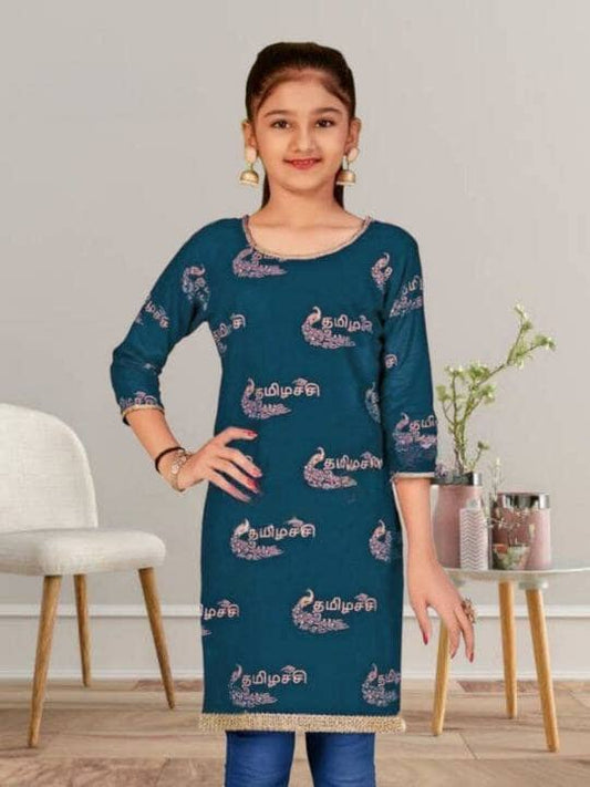 Kid's Kurti with Tamil Foil Print in 5 colors Kid's Kurti Shopin Di Apparels