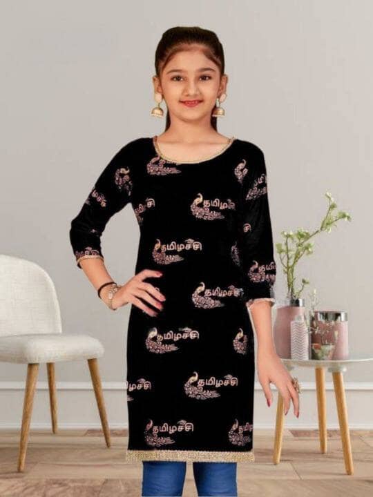 Kid's Kurti with Tamil Foil Print in 5 colors Kid's Kurti Shopin Di Apparels