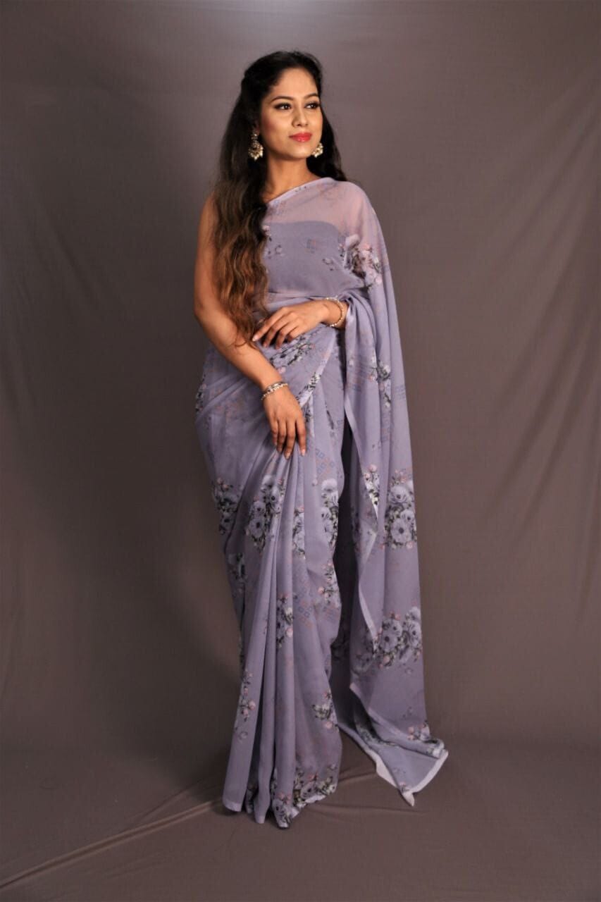 Lavender Digital Printed Soft Georgette Saree shopindi.sg