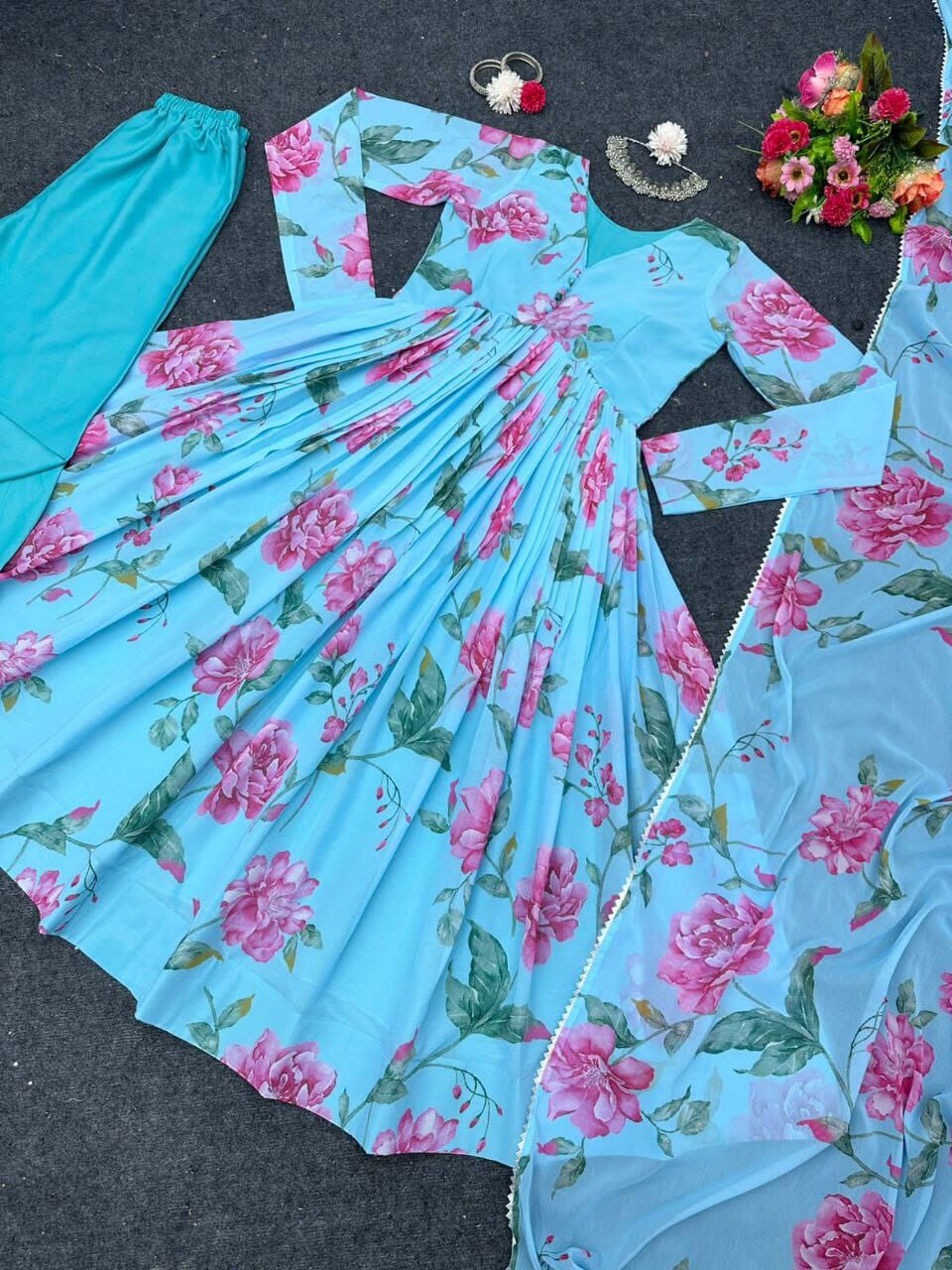 Light Blue Digital Printed Full flair Gown with Dupatta and Bottom Gown with Dupatta Shopin Di Apparels