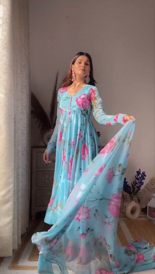 Light Blue Digital Printed Full flair Gown with Dupatta and Bottom Gown with Dupatta Shopin Di Apparels