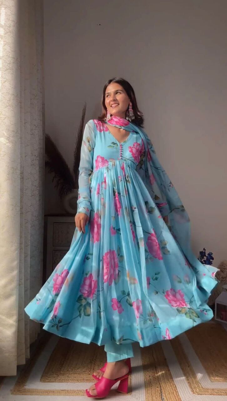 Light Blue Digital Printed Full flair Gown with Dupatta and Bottom Gown with Dupatta Shopin Di Apparels