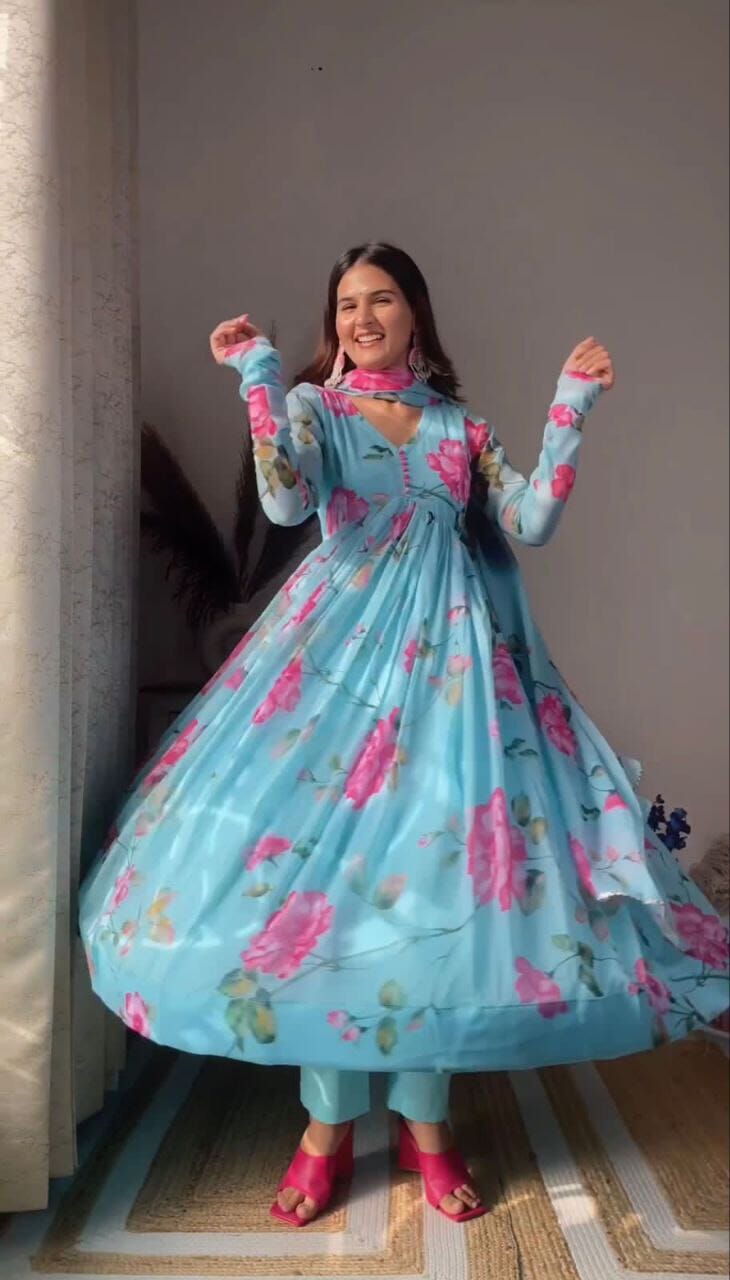 Light Blue Digital Printed Full flair Gown with Dupatta and Bottom Gown with Dupatta Shopin Di Apparels