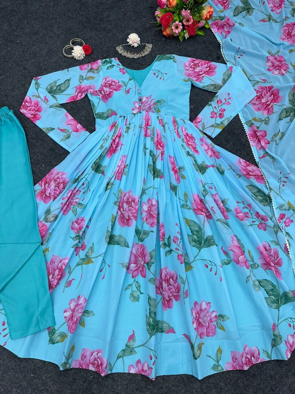 Light Blue Digital Printed Full flair Gown with Dupatta and Bottom Gown with Dupatta Shopin Di Apparels