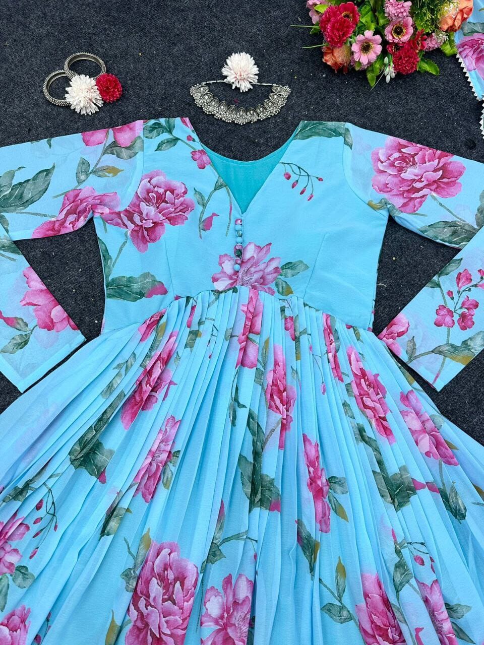 Light Blue Digital Printed Full flair Gown with Dupatta and Bottom Gown with Dupatta Shopin Di Apparels