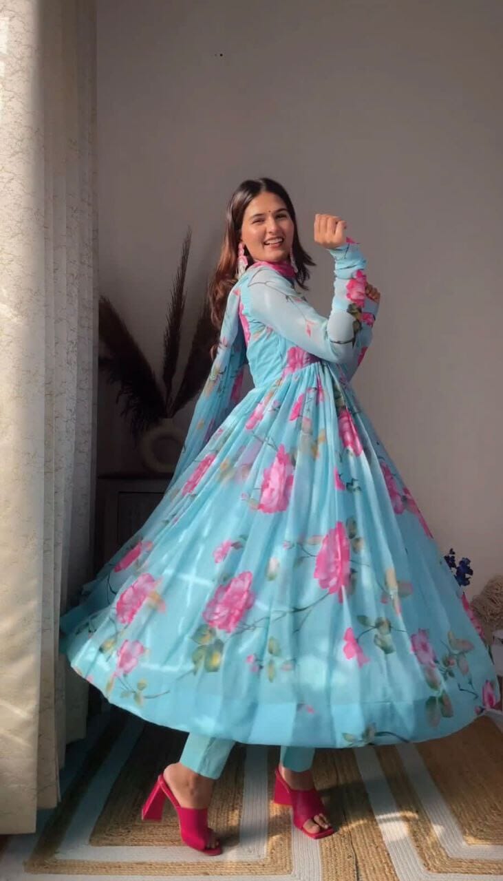 Light Blue Digital Printed Full flair Gown with Dupatta and Bottom Gown with Dupatta Shopin Di Apparels
