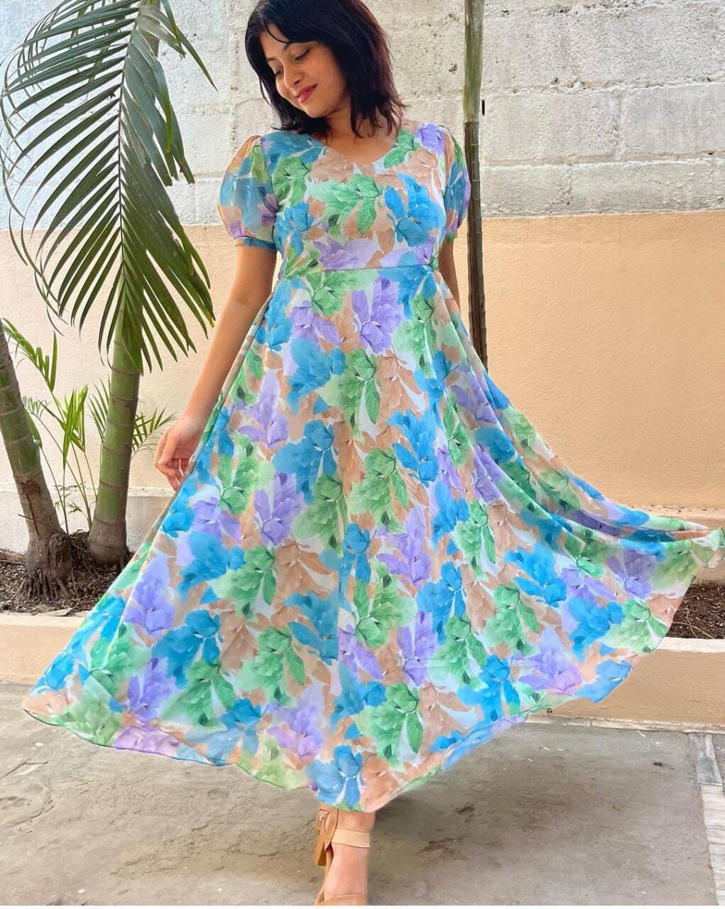 Light Blue Georgette Printed Anarkali Maxi Gown Gowns Shopin Di Apparels