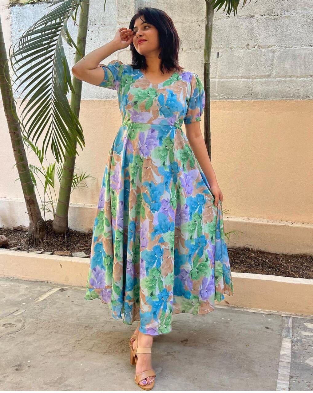 Light Blue Georgette Printed Anarkali Maxi Gown Gowns Shopin Di Apparels