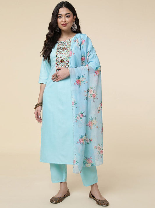 Light Blue Ruby Cotton Designer Kurti with Dupatta and Bottom Kurti with Dupatta and Bottom Shopin Di Apparels