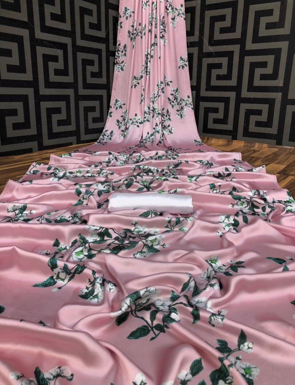 Light Pink Floral Digital printed Japan Satin Saree with Satin Blouse Satin Saree Shopin Di Apparels