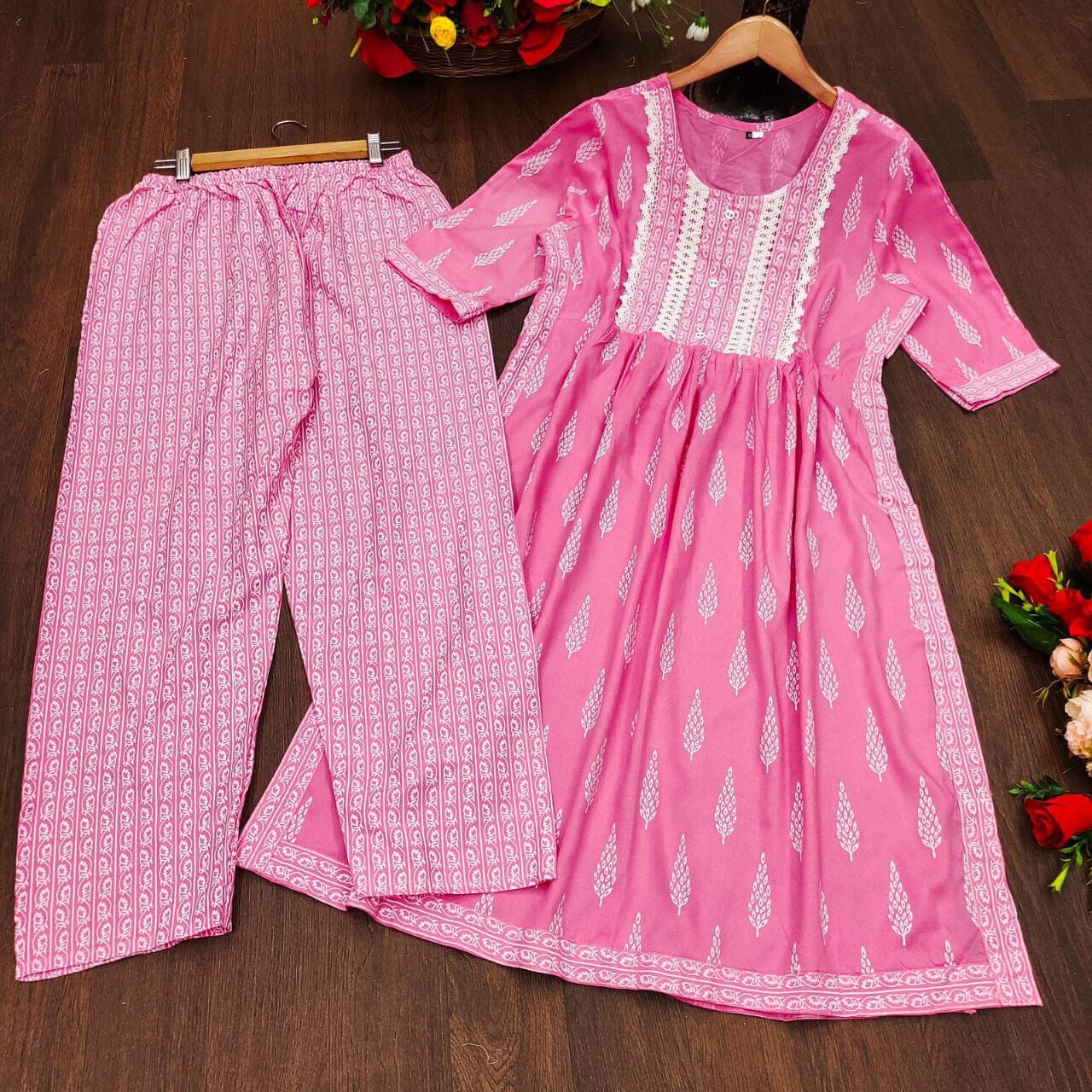 Light Pink Naira Cut Embroidered and Printed Rayon Kurti with Pant Set Kurti with Pant Shopin Di Apparels