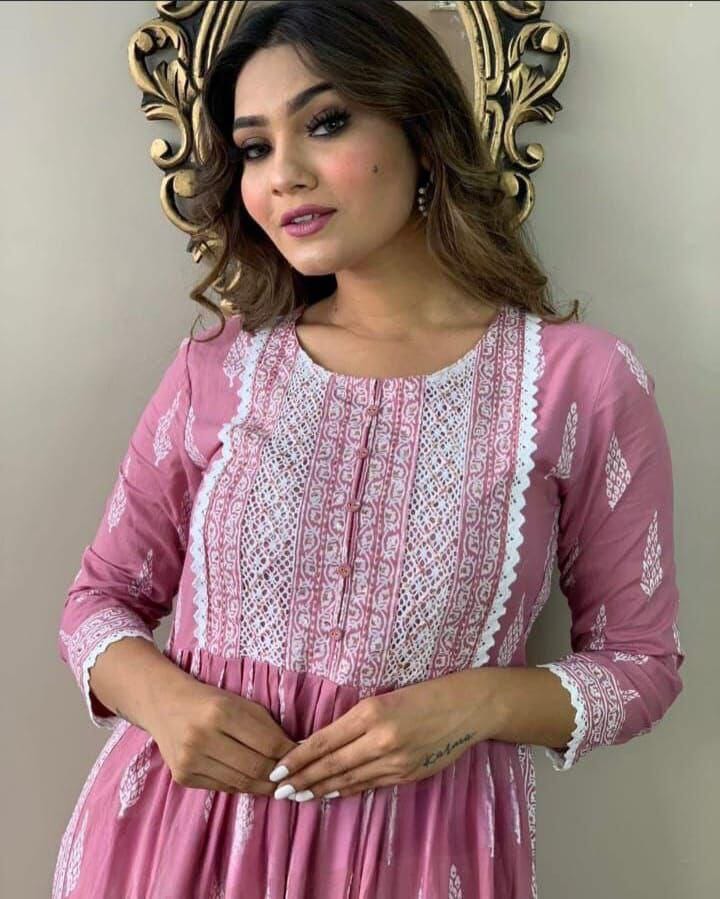 Light Pink Naira Cut Embroidered and Printed Rayon Kurti with Pant Set Kurti with Pant Shopin Di Apparels