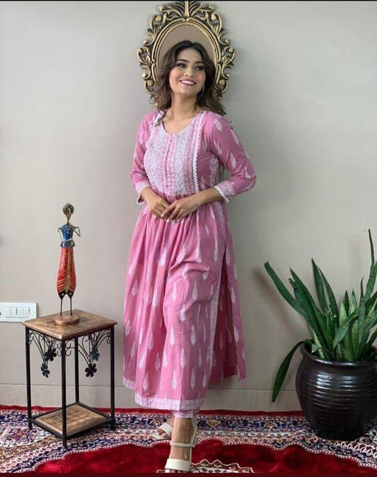 Light Pink Naira Cut Embroidered and Printed Rayon Kurti with Pant Set Kurti with Pant Shopin Di Apparels