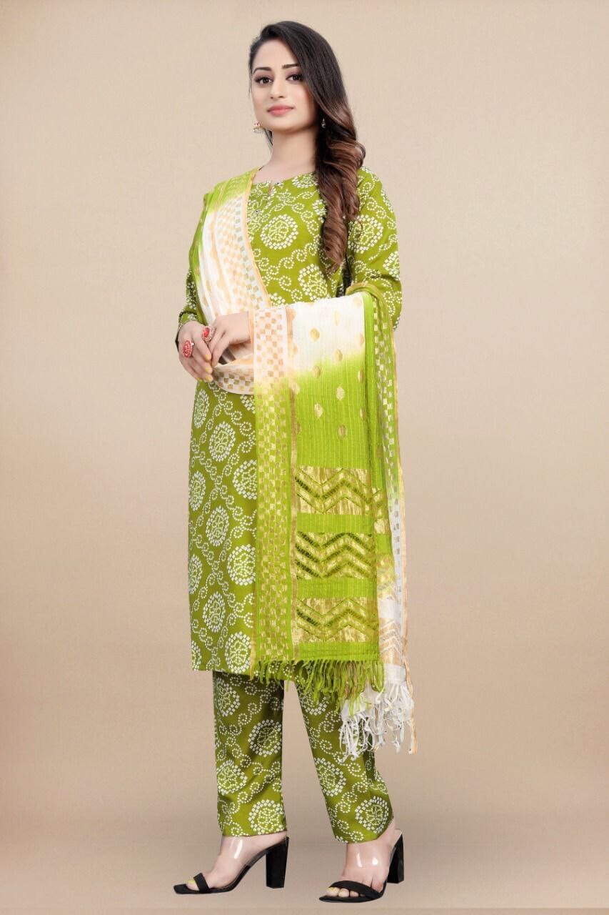 Lime Green Bandhani Printed Rayon Straight Cut Suit Designer Suits shopindi.sg