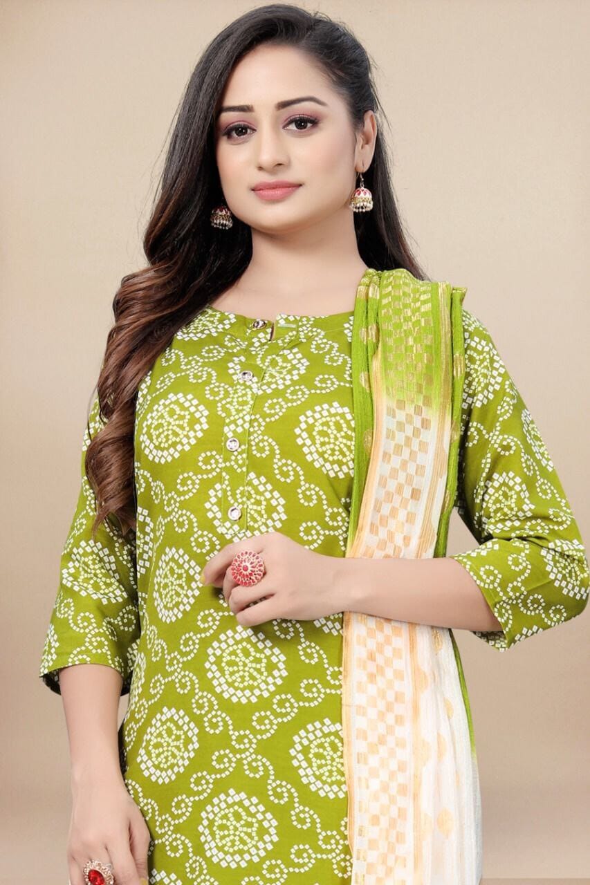 Lime Green Bandhani Printed Rayon Straight Cut Suit Designer Suits shopindi.sg