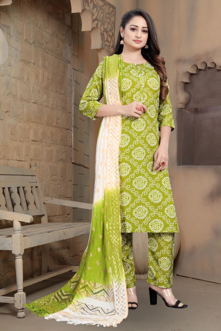 Lime Green Bandhani Printed Rayon Straight Cut Suit Designer Suits shopindi.sg