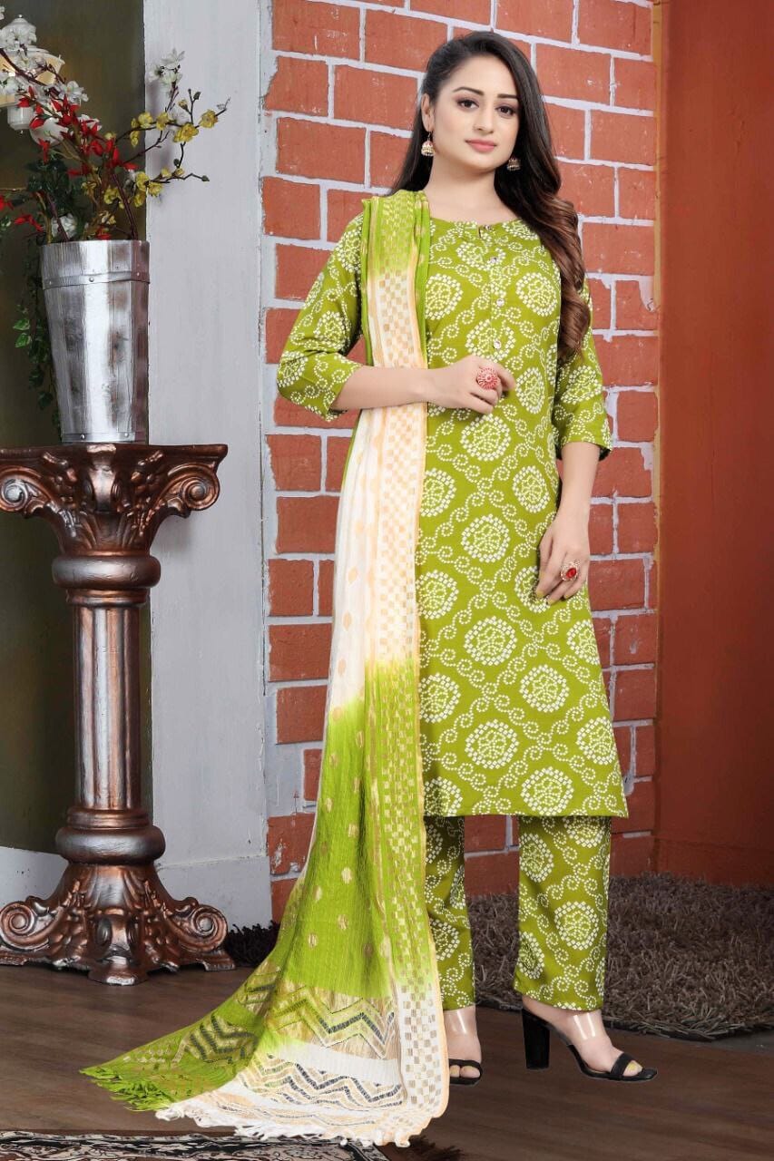 Lime Green Bandhani Printed Rayon Straight Cut Suit Designer Suits shopindi.sg