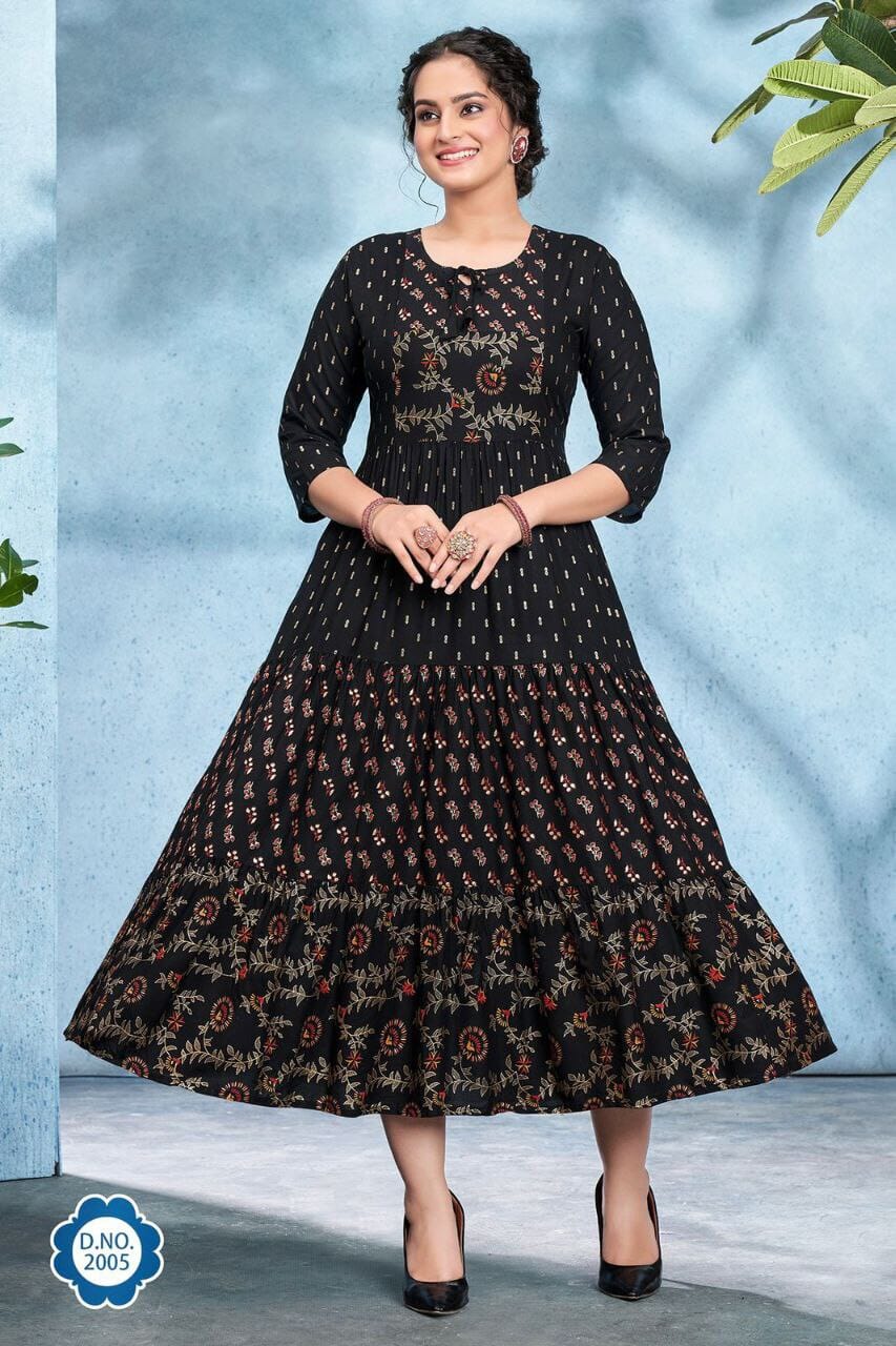 _Long Full Flair and Layer Printed Gown in 3 colors Kurti shopindi.sg