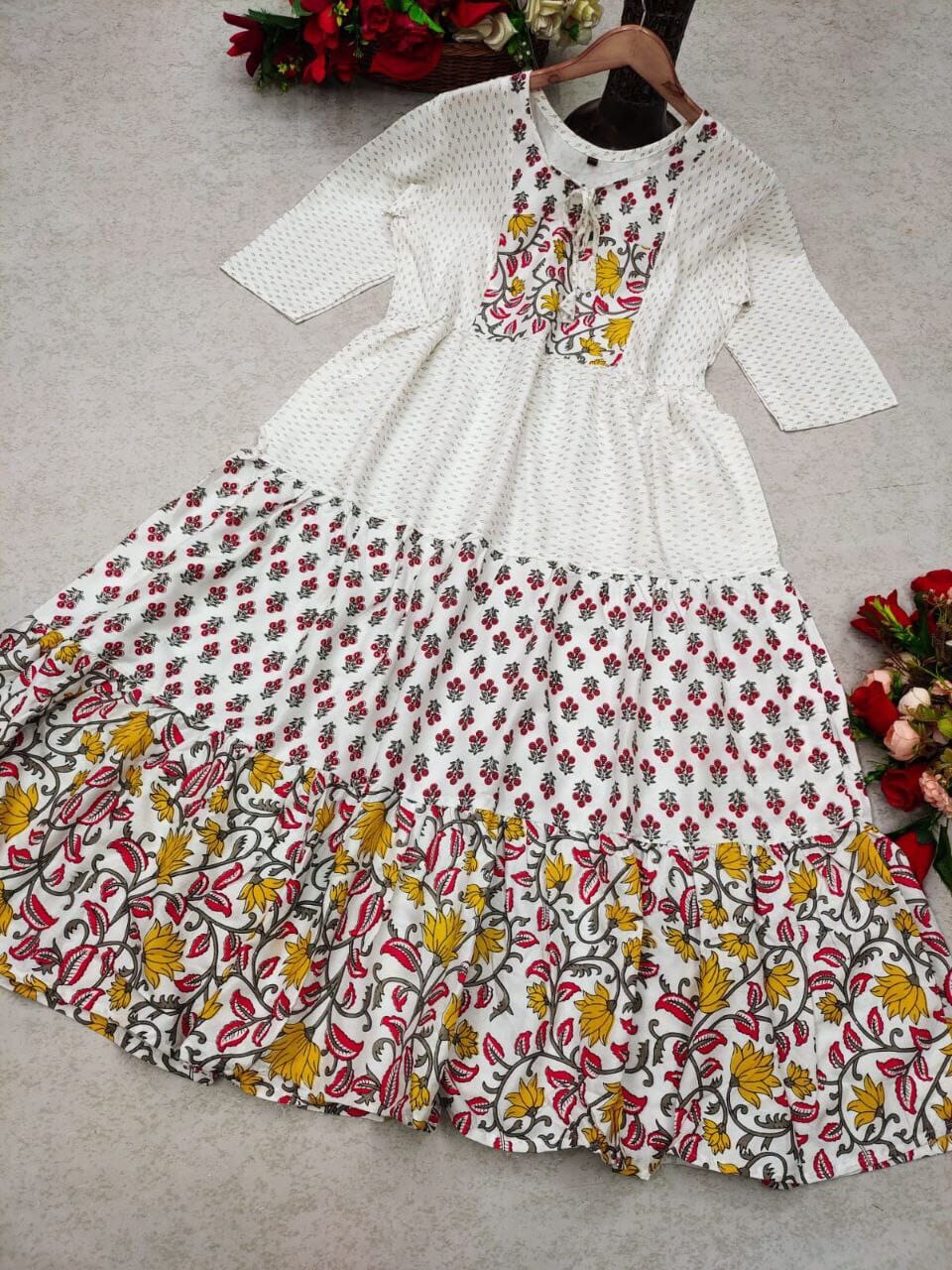 _Long Full Flair and Layer Printed Gown in 3 colors Kurti shopindi.sg