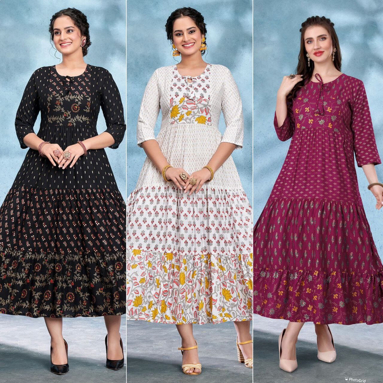 _Long Full Flair and Layer Printed Gown in 3 colors Kurti shopindi.sg