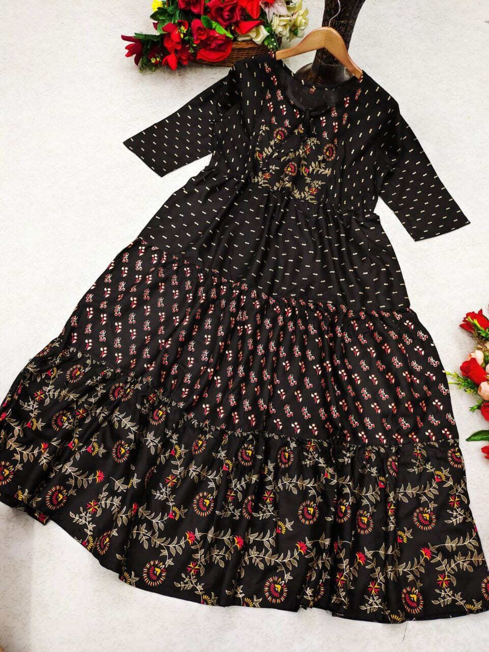 _Long Full Flair and Layer Printed Gown in 3 colors Kurti shopindi.sg