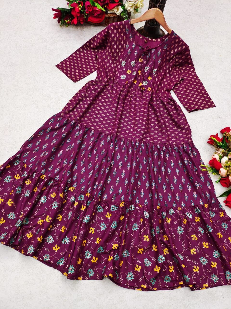 _Long Full Flair and Layer Printed Gown in 3 colors Kurti shopindi.sg