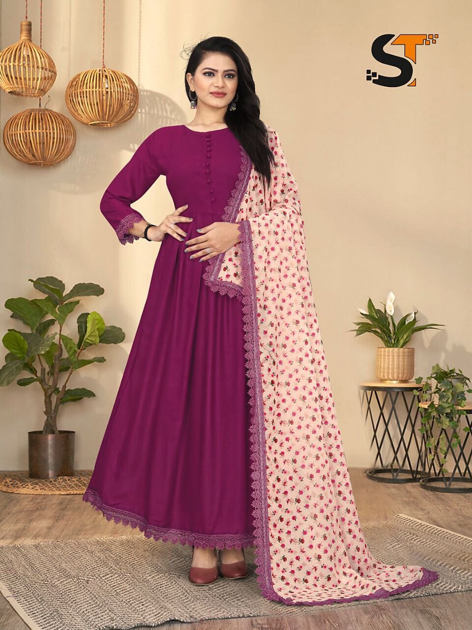 Majenta Pink Heavy Rayon Gown with Geogette Dupatta shopindi.sg