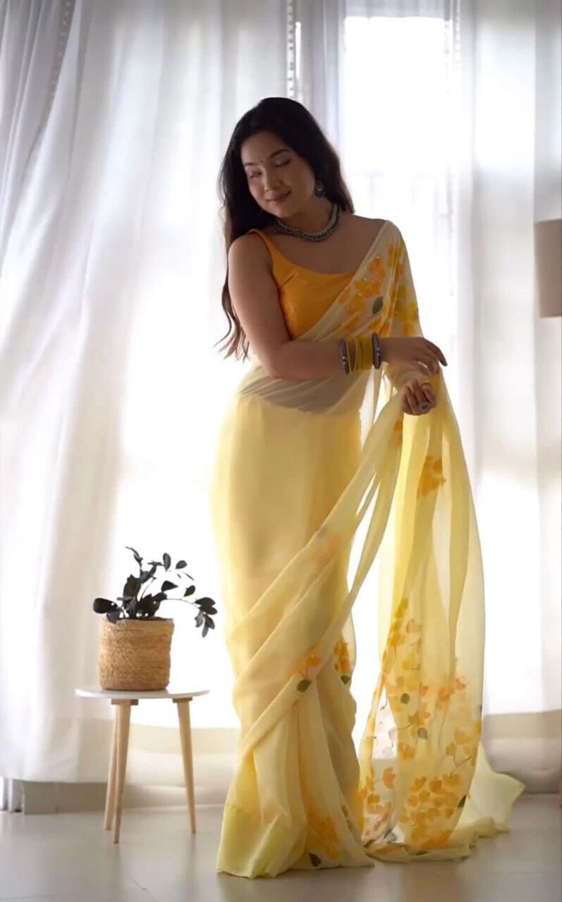 Mango Yellow Designer Georgette Saree with Digital Print Designer Saree Shopin Di Apparels