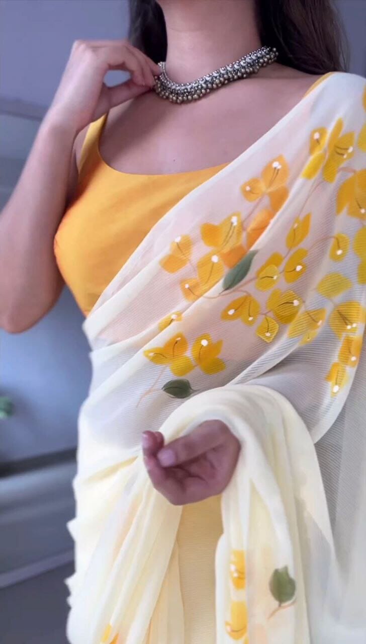 Mango Yellow Designer Georgette Saree with Digital Print Designer Saree Shopin Di Apparels