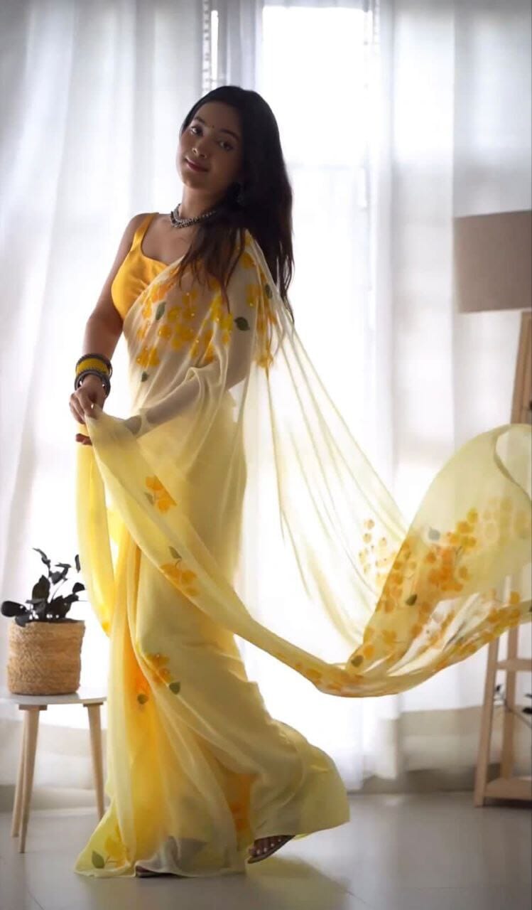 Mango Yellow Designer Georgette Saree with Digital Print Designer Saree Shopin Di Apparels