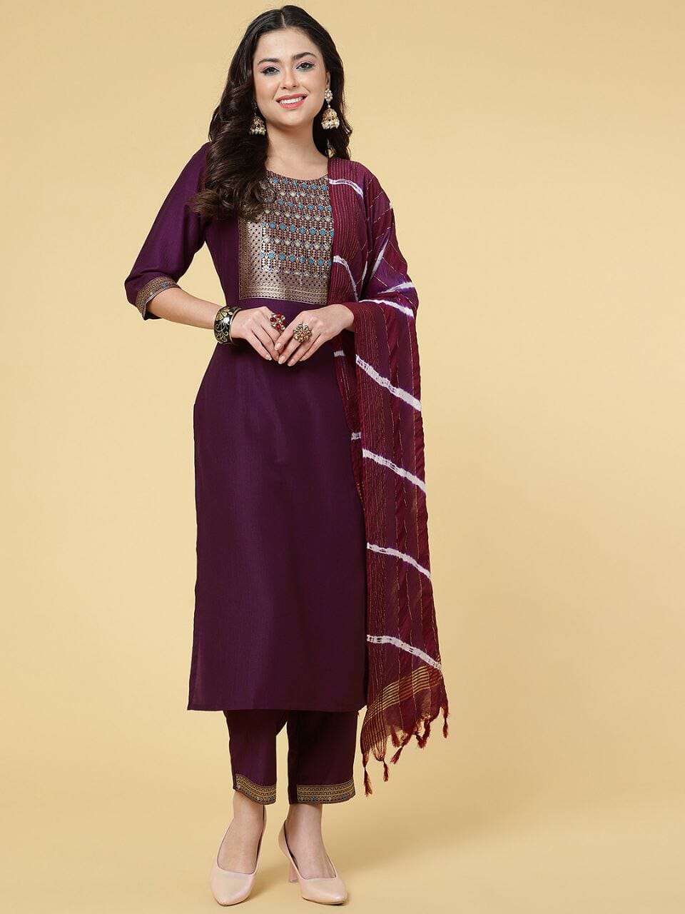 Maroon Chinon Chanderi Designer Kurti with Dupatta and Bottom Kurti with Dupatta and Bottom Shopin Di Apparels