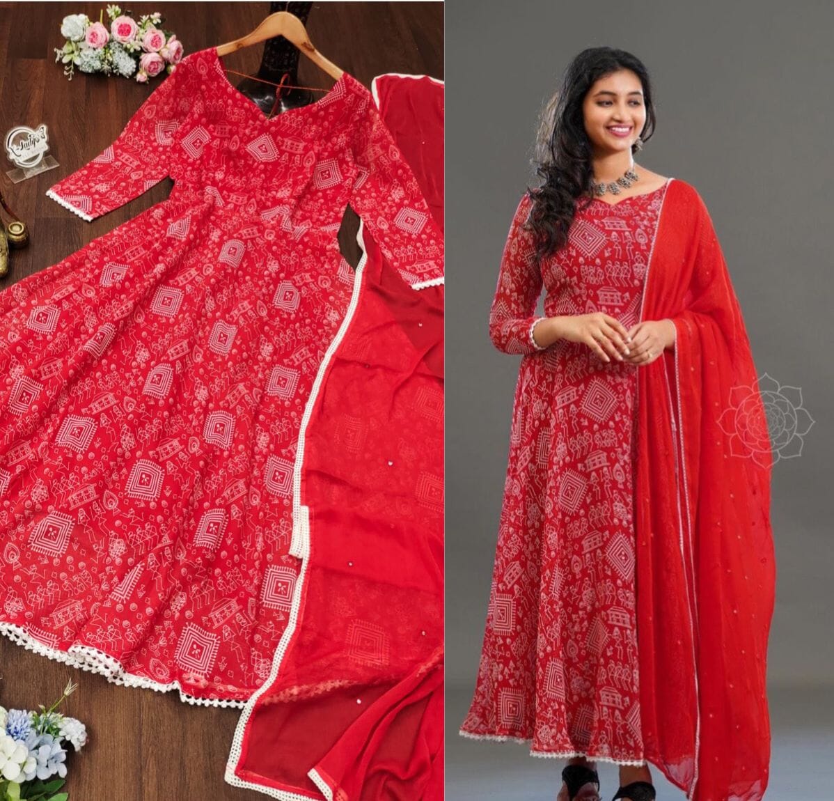 Mural Print Fox Georgette Gown with Dupatta in 4 colors Gown shopindi.sg