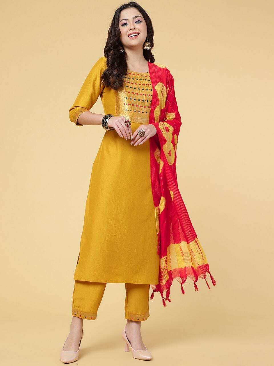 Mustard Chinon Chanderi Designer Kurti with Dupatta and Bottom Kurti with Dupatta and Bottom Shopin Di Apparels