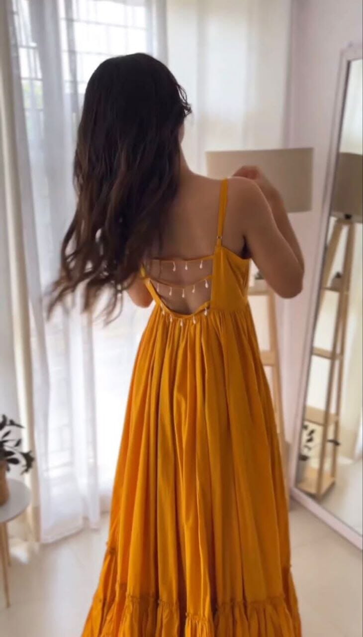 Mustard Chinon Silk Lace Border Plain Gown Designer Gowns Shopin Di Apparels