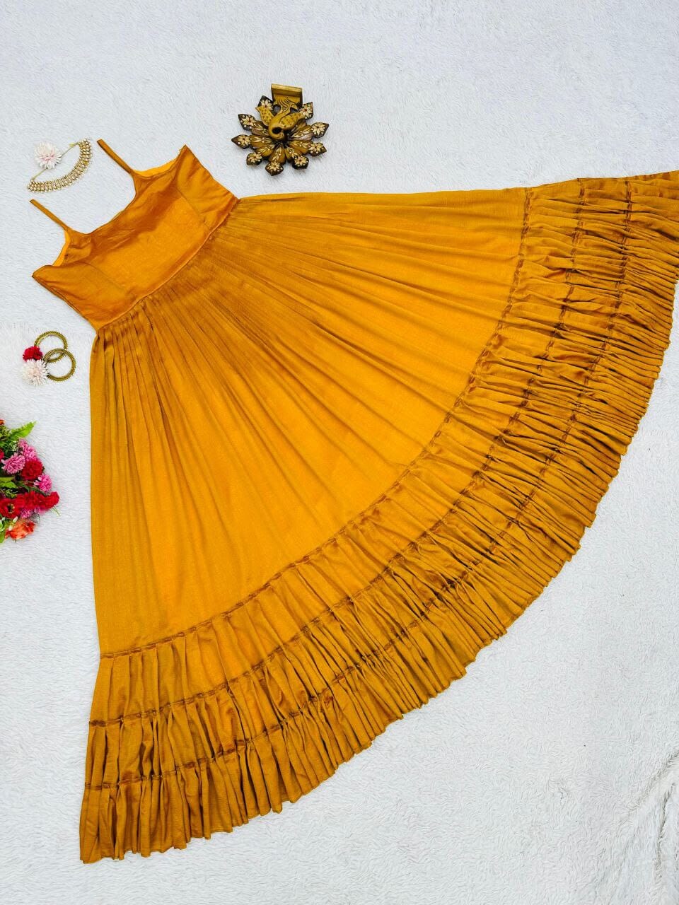 Mustard Chinon Silk Lace Border Plain Gown Designer Gowns Shopin Di Apparels