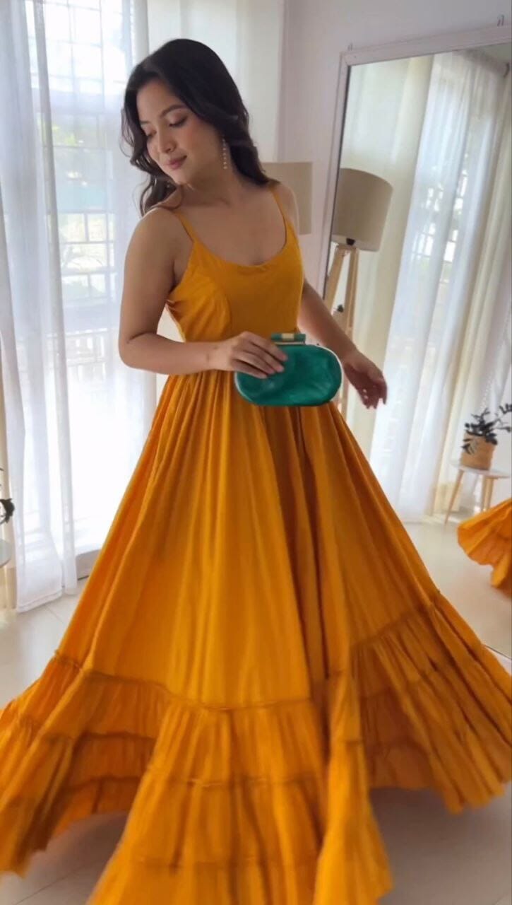 Mustard Chinon Silk Lace Border Plain Gown Designer Gowns Shopin Di Apparels