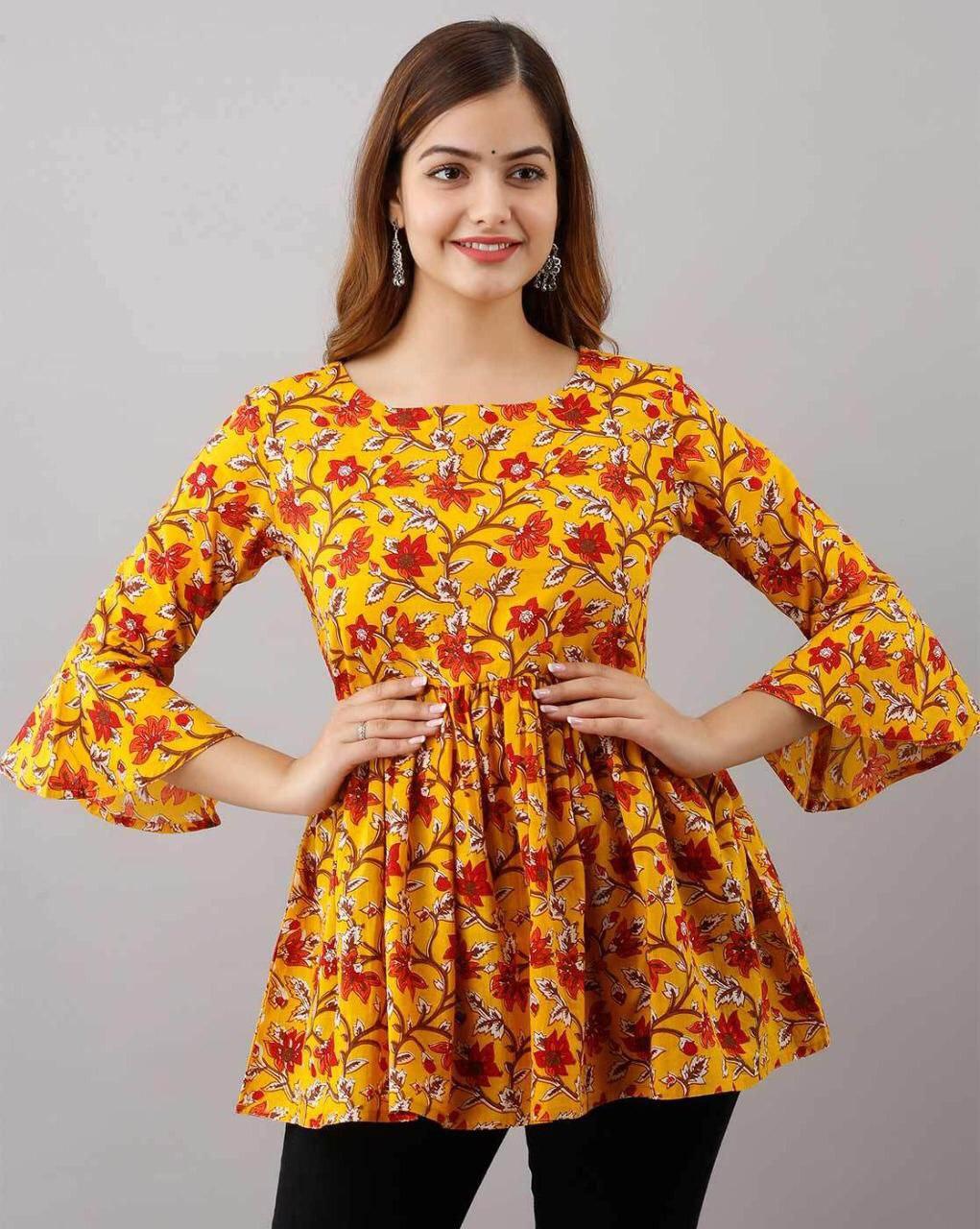 Mustard Cotton Western Printed Top Western Top Shopindiapparels.com