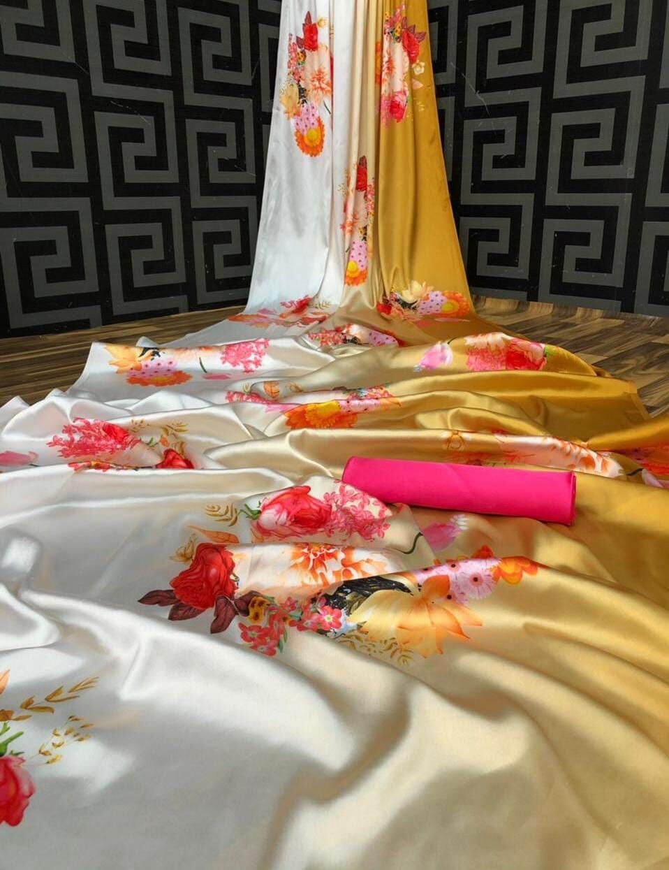 Mustard Floral Digital printed Japan Satin Saree with Satin Blouse Satin Saree Shopin Di Apparels