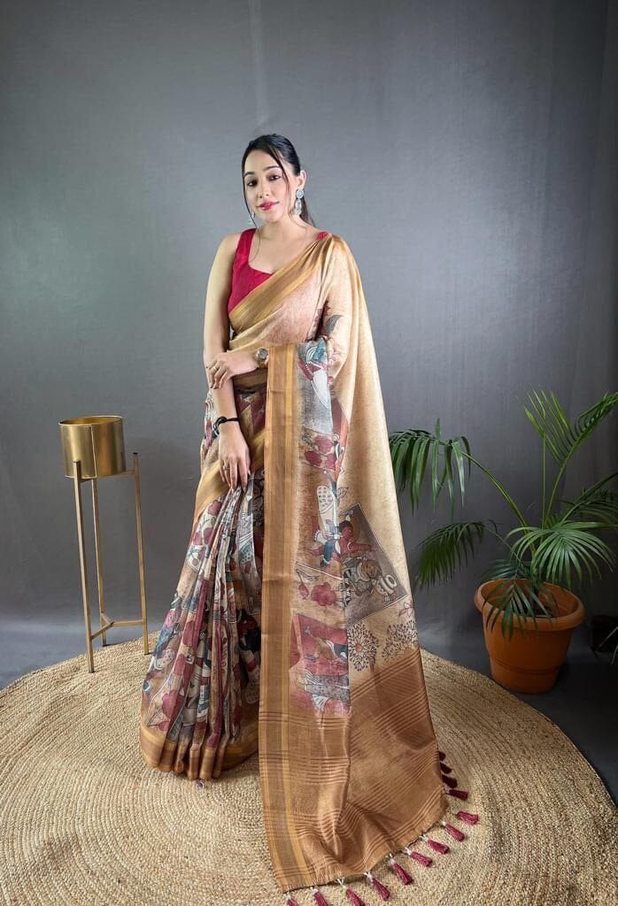 Mustard Soft Kashmiri Pashmina silk weaving saree with Kalamkari Digital print Shopin Di Apparels