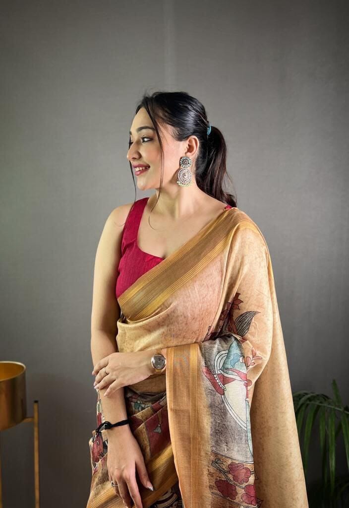 Mustard Soft Kashmiri Pashmina silk weaving saree with Kalamkari Digital print Shopin Di Apparels