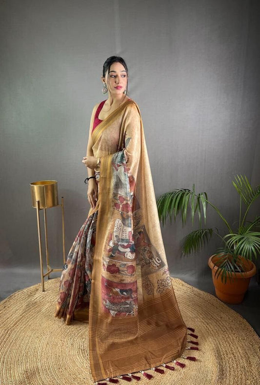Mustard Soft Kashmiri Pashmina silk weaving saree with Kalamkari Digital print Shopin Di Apparels