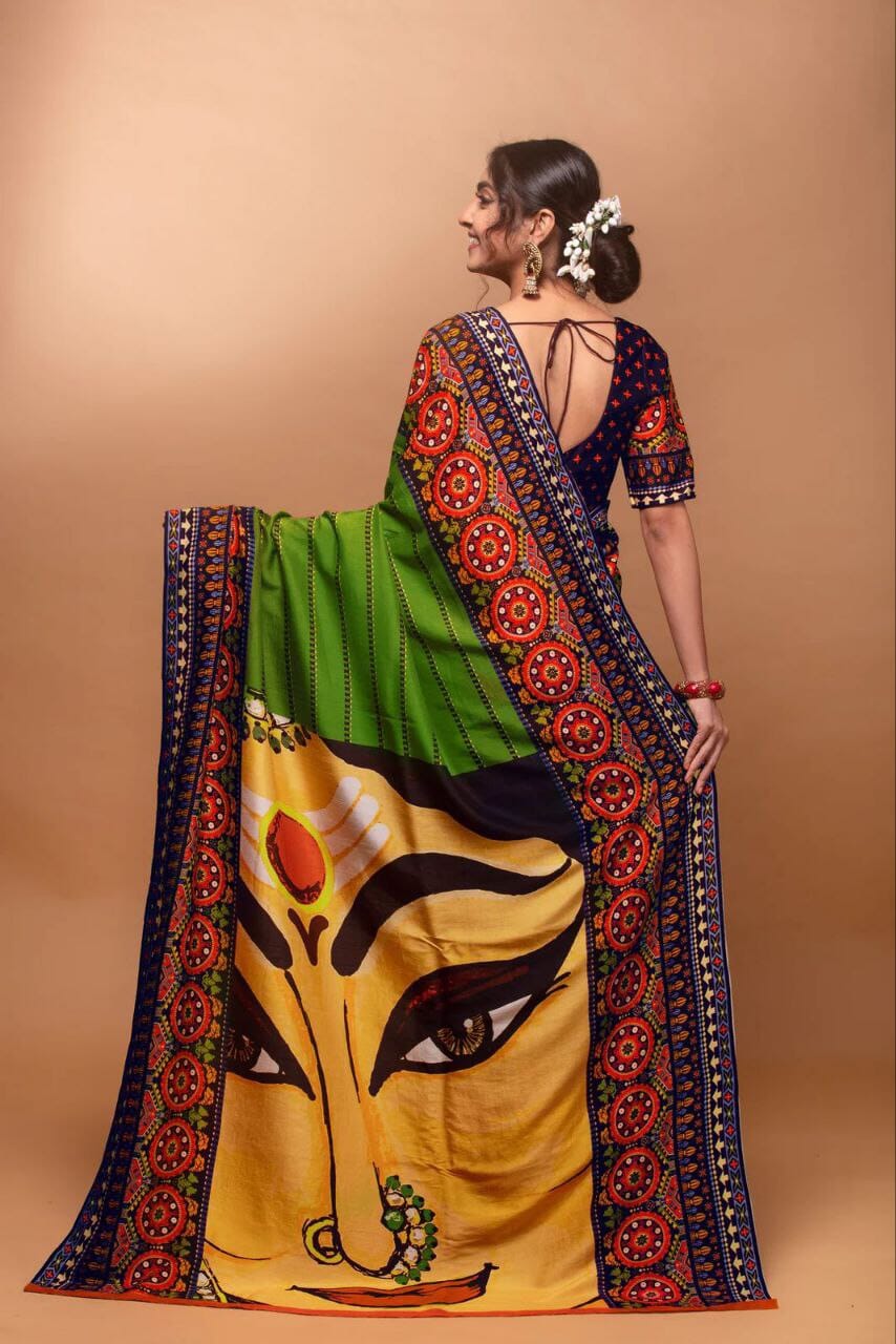 Navratri Saree Crepe Silk with Digital Print of Goddess Designer Saree Shopin Di Apparels
