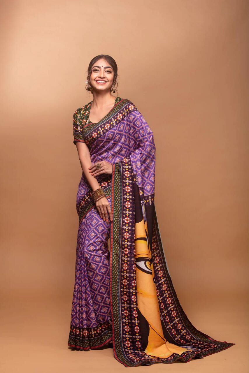 Navratri Saree Purple Crepe Silk with Digital Print of Goddess Designer Saree Shopin Di Apparels