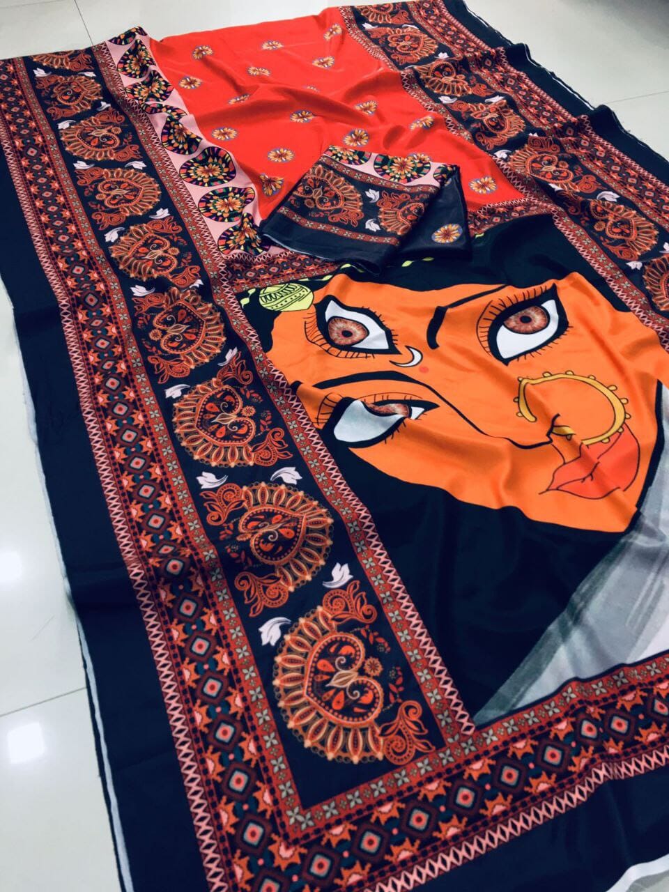 Navratri Saree Red Crepe Silk with Digital Print of Goddess (Copy) Designer Saree Shopin Di Apparels