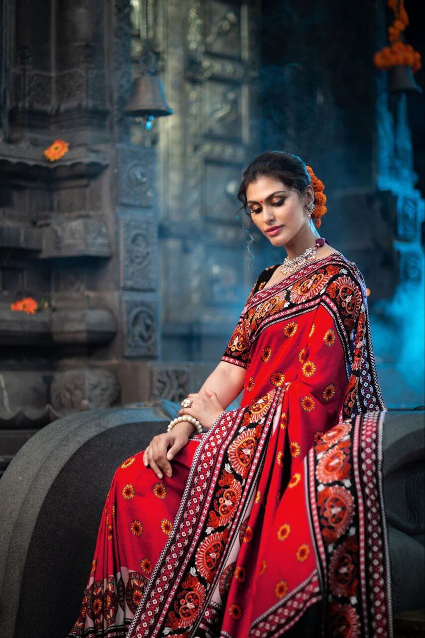 Navratri Saree Red Crepe Silk with Digital Print of Goddess (Copy) Designer Saree Shopin Di Apparels