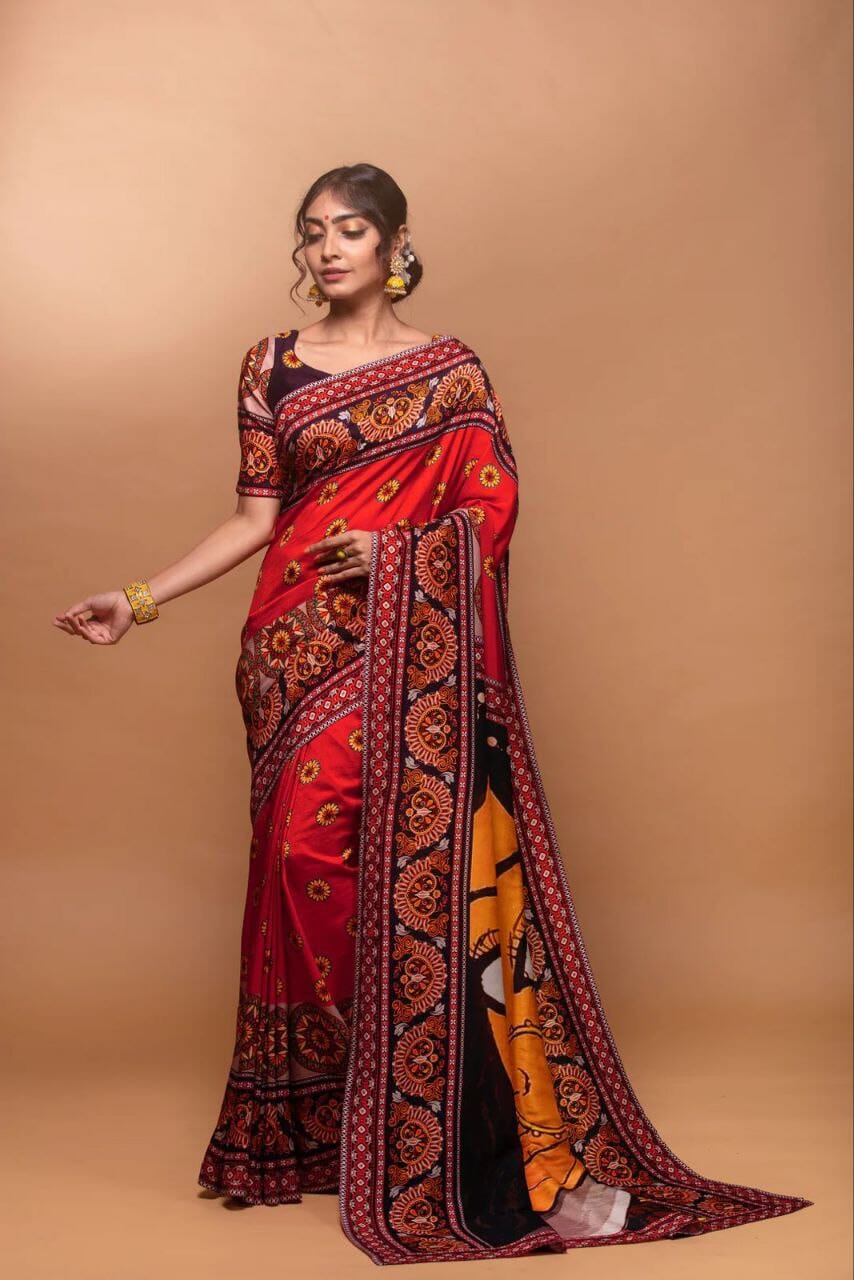 Navratri Saree Red Crepe Silk with Digital Print of Goddess (Copy) Designer Saree Shopin Di Apparels
