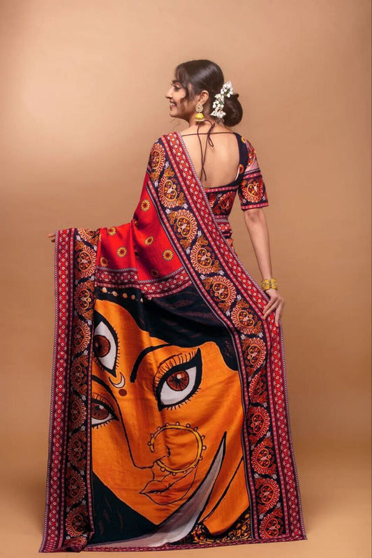 Navratri Saree Red Crepe Silk with Digital Print of Goddess (Copy) Designer Saree Shopin Di Apparels
