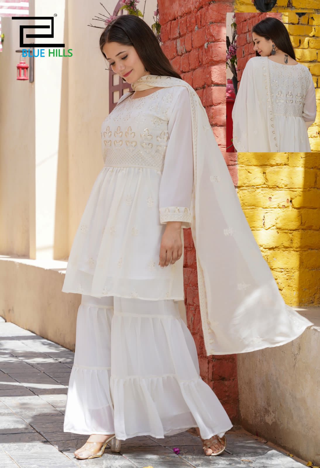 Off White Fancy Wear Georgette Sharara Suit Designer Suits Shopindiapparels.com