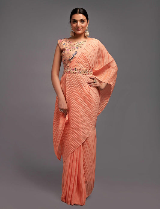 Orange Crush Chinon saree with heavy multi sequins work blouse and Qamar belt Designer saree Shopin Di Apparels